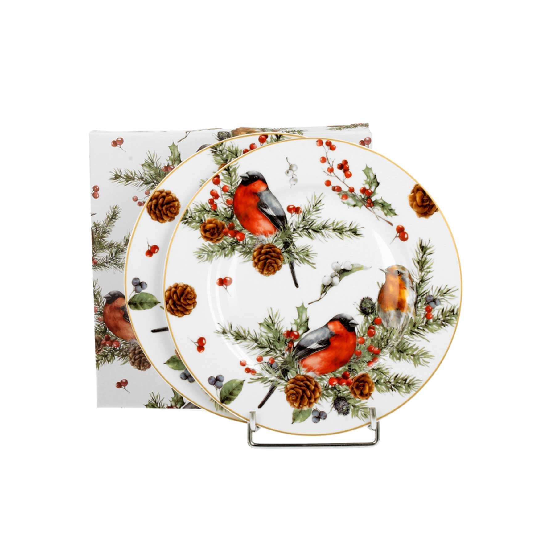 Bögre Karácsonyi porcelán desszertes tányér 2 db szettdíszdobozban Madarak