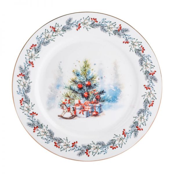 Karácsonyi porcelán desszertes tányér - 20 cm fenyőágas