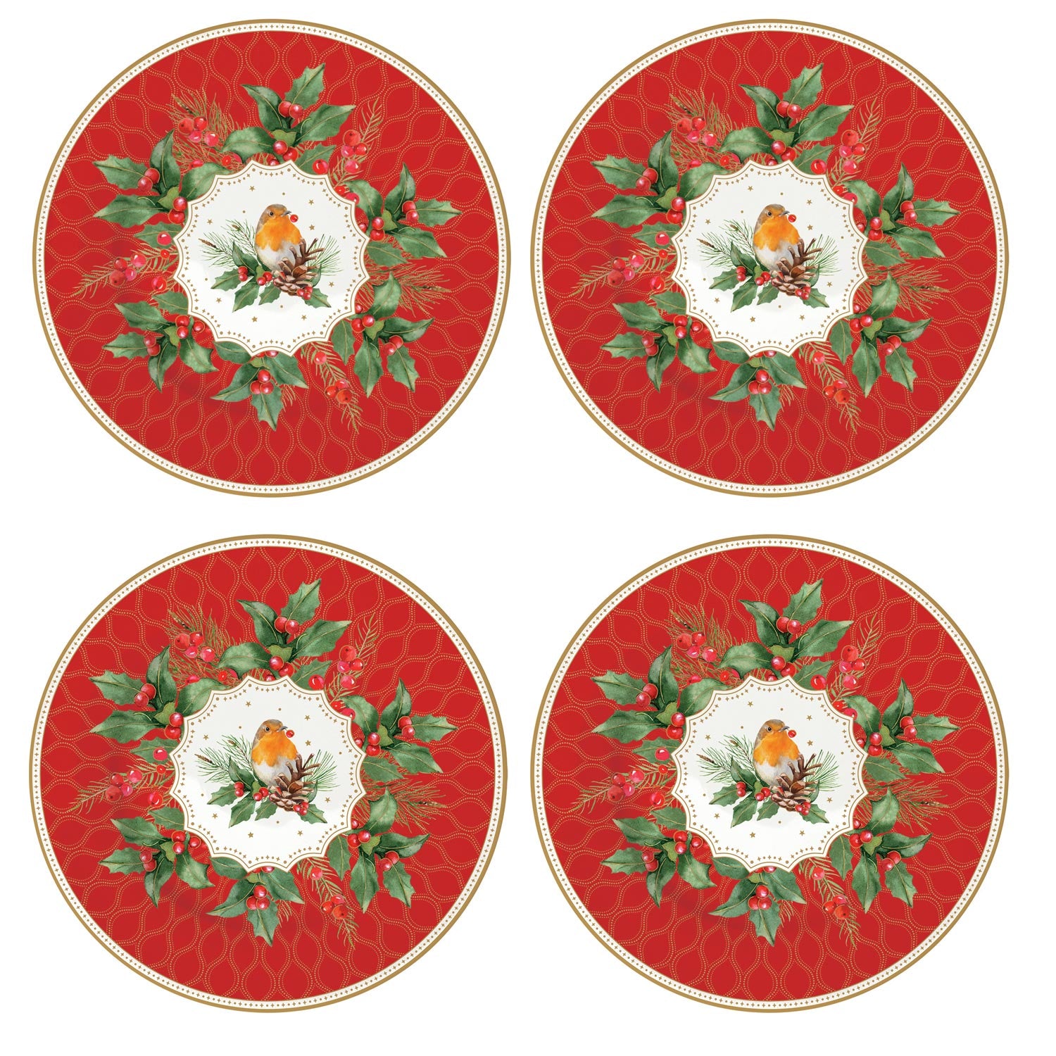 Tányér, étkészlet Karácsonyi porcelán desszertes tányér vörösbegy 4 db szett Christmas Berries