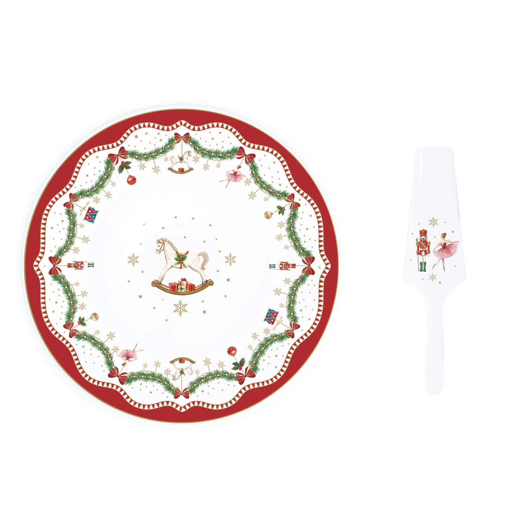 Tányér, étkészlet Karácsonyi porcelán diótörős tortatál lapáttal díszdobozban Magie de Noel