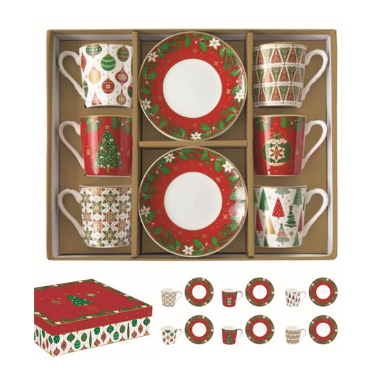 Tányér, étkészlet Karácsonyi porcelán eszpresszó csésze 6 db szett díszdobozban