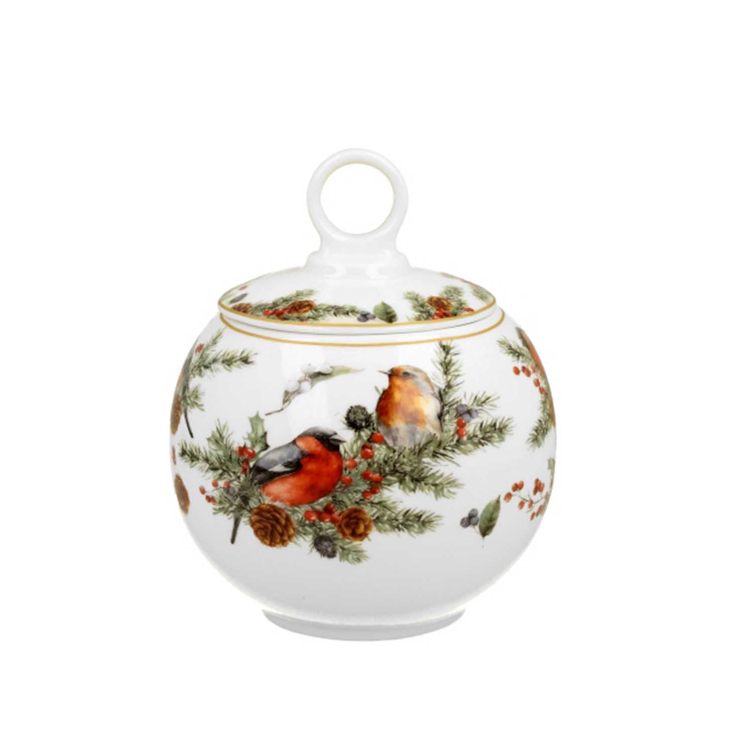 Bögre Karácsonyi porcelán gömbölyű keksztároló díszdobozban Madarak