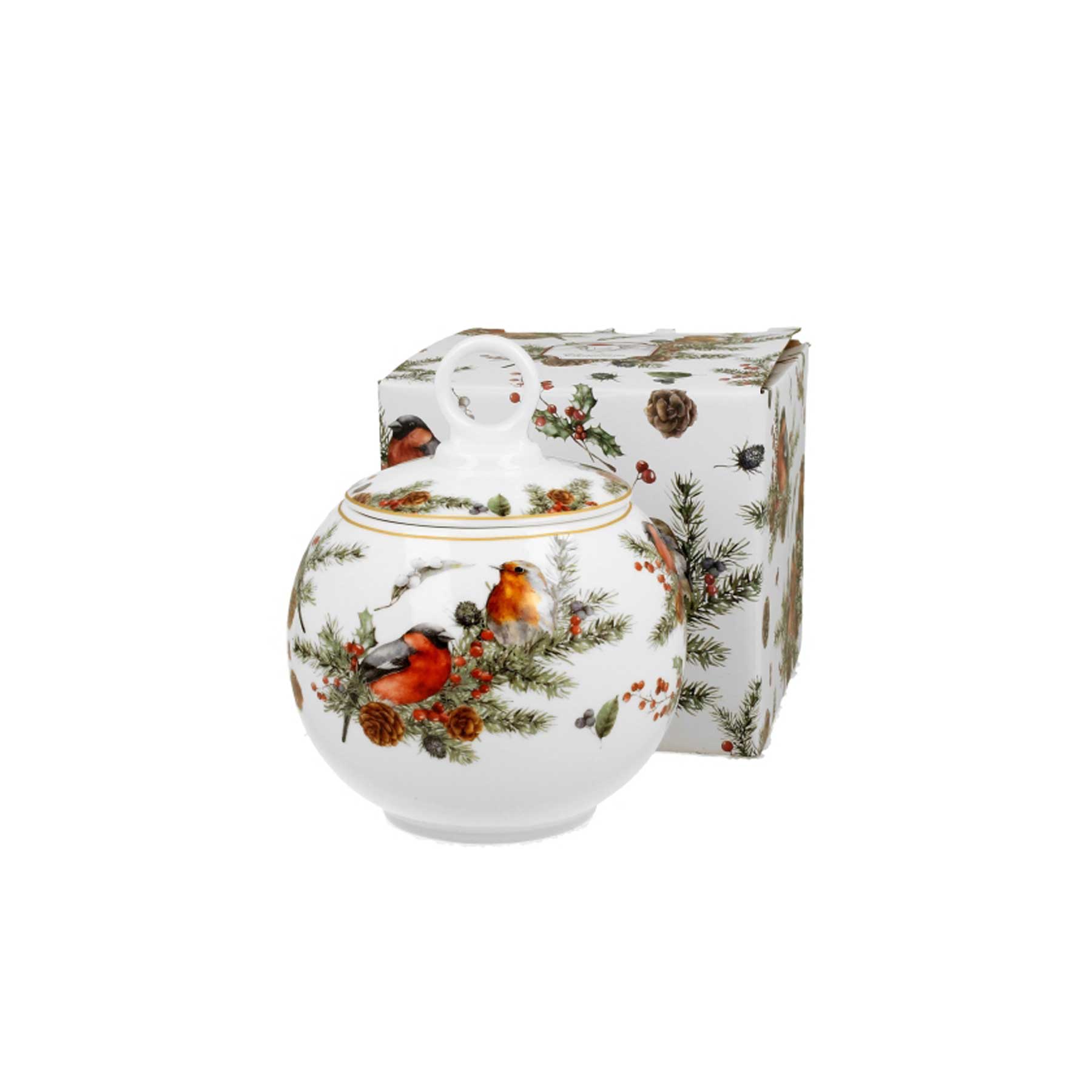 Bögre Karácsonyi porcelán gömbölyű keksztároló díszdobozban Madarak