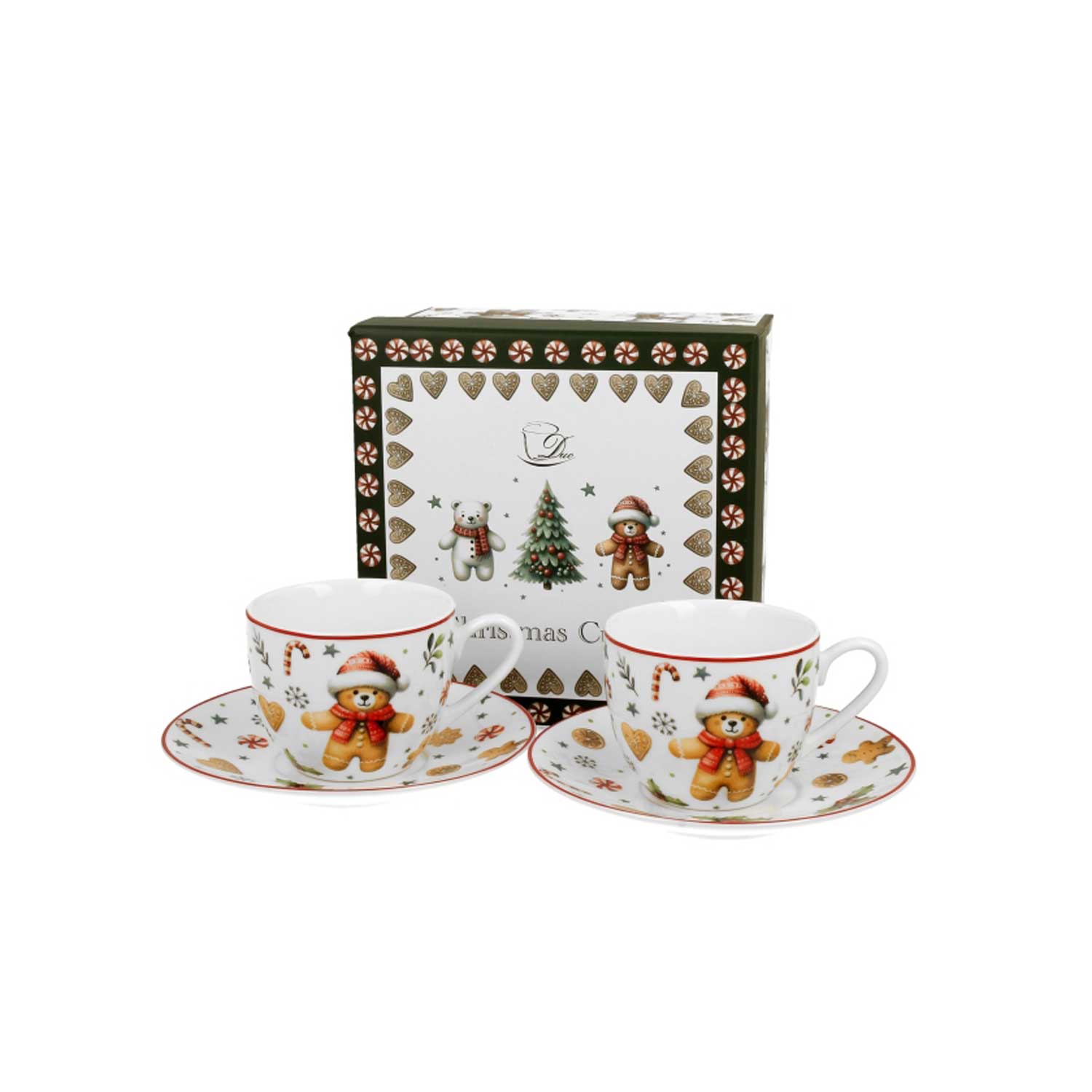 Bögre Karácsonyi porcelán kávés csésze 2 db szett aljjalmézeskalács macis díszdobozban