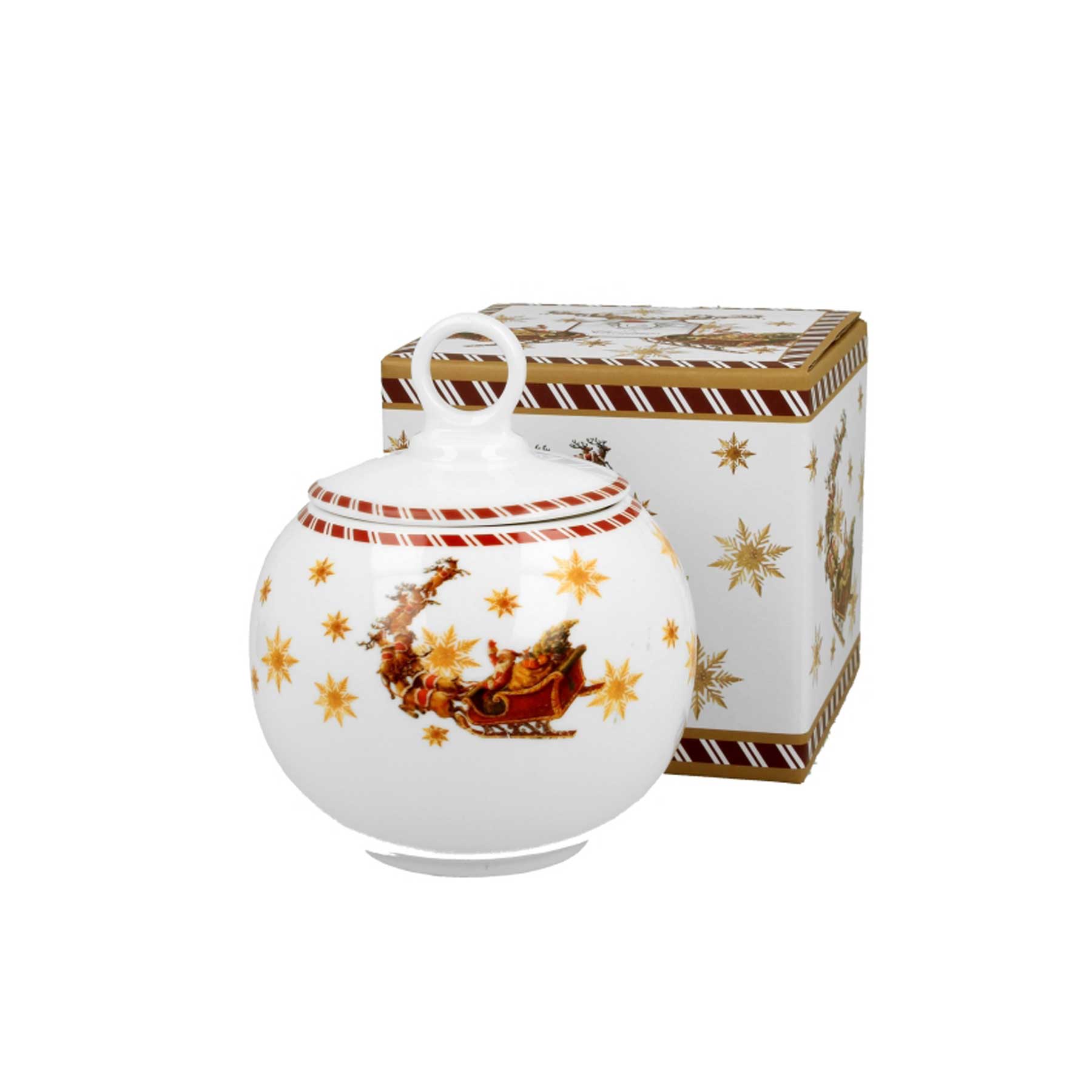 Bögre Karácsonyi porcelán keksztároló díszdobozban Mikulás rénszarvas szánnal