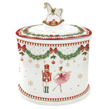 Tányér, étkészlet Karácsonyi porcelán keksztároló hintalovas fogantyúval díszdobozban Magie de Noel