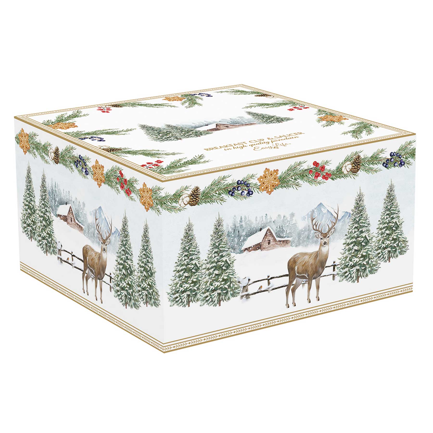 Tányér, étkészlet Karácsonyi porcelán nagy reggeliző csésze aljjal szarvasos White Forest díszdobozban
