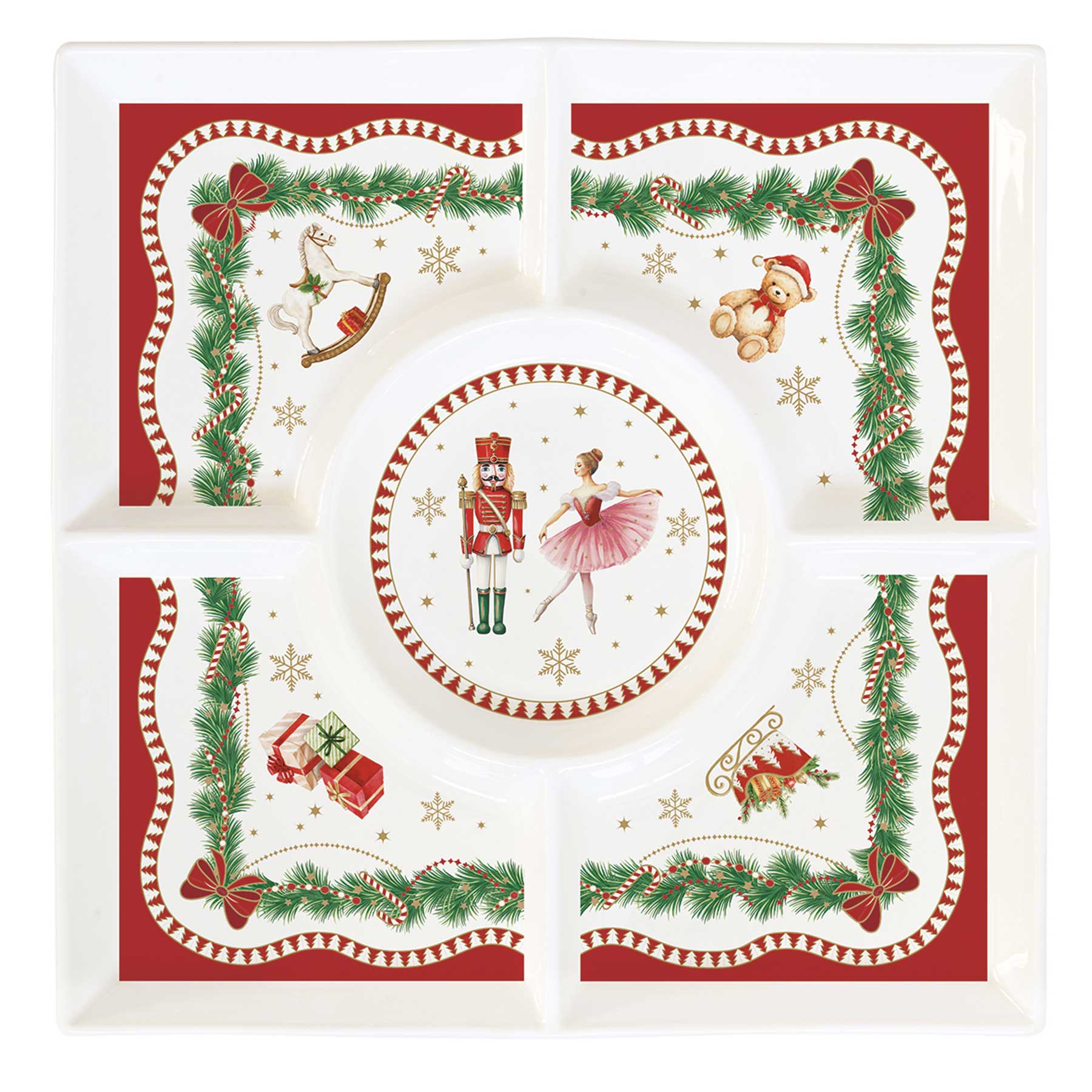 Tányér, étkészlet Karácsonyi porcelán osztott kínáló tálca díszdobozban Magie de Noel