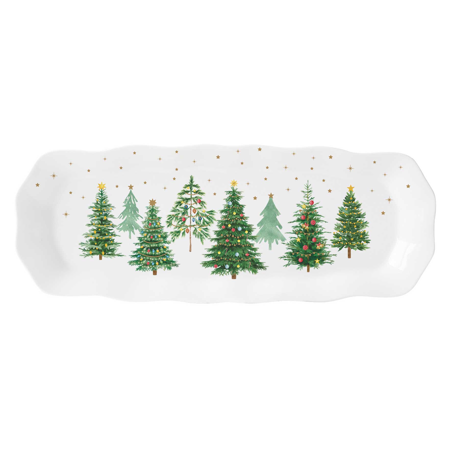 Tálca Karácsonyi porcelán tálca 37x14 cm fenyőfa dísszel
