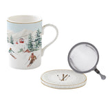Bögre Karácsonyi porcelán teás bögre szűrővel díszdobozban Chalet