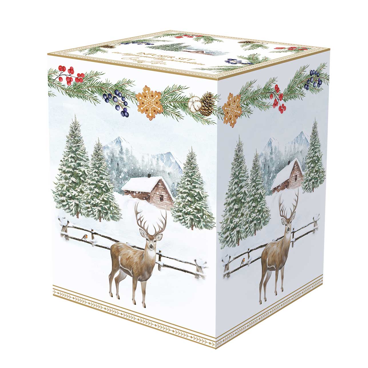 Tányér, étkészlet Karácsonyi porcelán teás bögre szűrővel White Forest díszdobozban