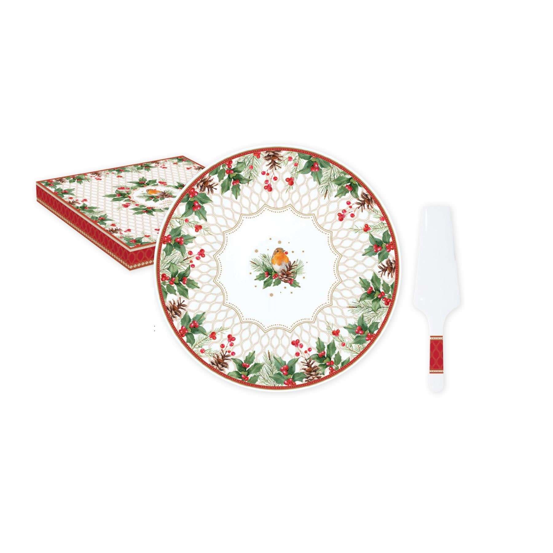 Tortatál Karácsonyi porcelán tortatál lapáttal Christmas Berries