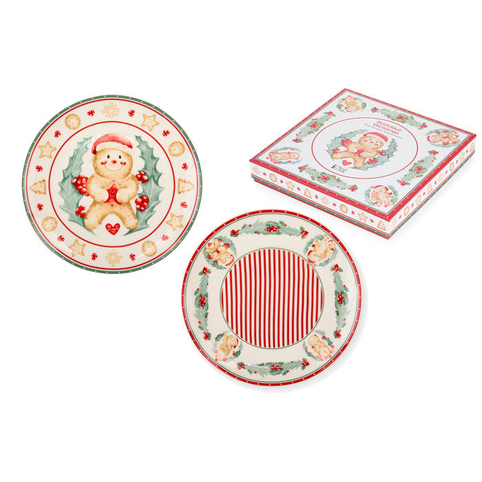 Karácsonyi porcelán desszertes tányér szett 2 db-os díszdobozban mézeskalács baba