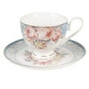 Bögre, csésze Kék rózsaszín rózsás porcelán csésze aljjal 200 ml arany szegéllyel