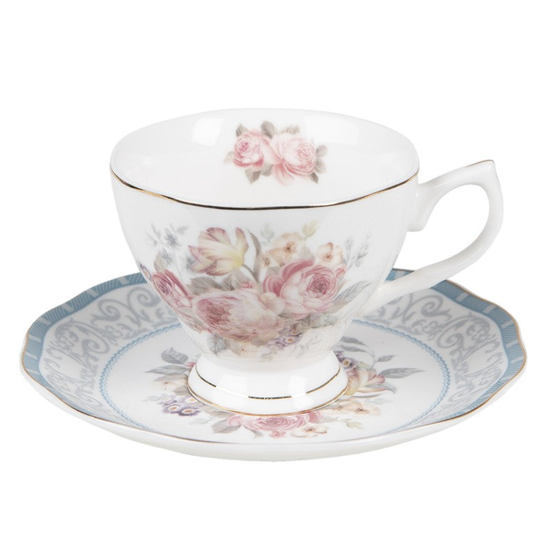Bögre, csésze Kék rózsaszín rózsás porcelán teás csésze aljjal 220 ml