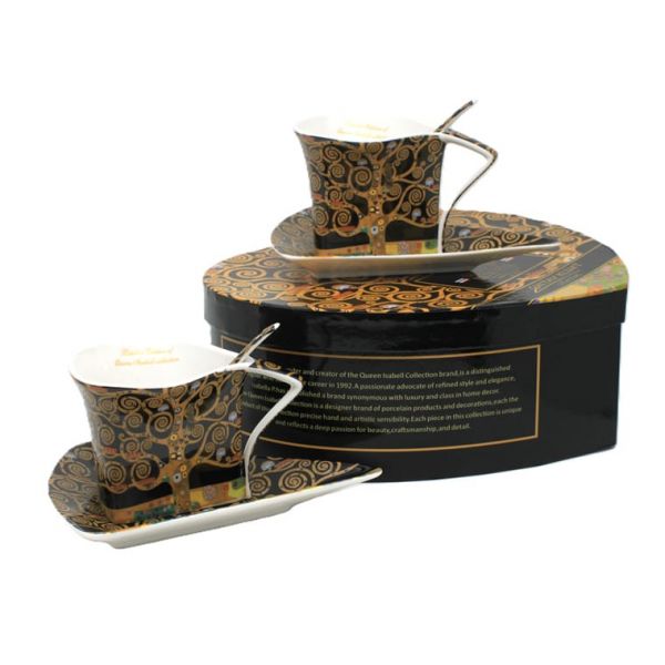 Klimt háromszögletű csésze aljjal 180 ml kanállal - 2 személyes készlet - Életfa - szív díszdobozban