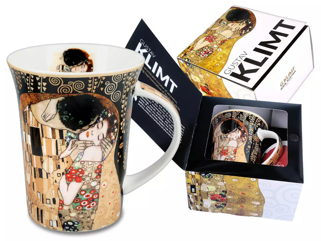 Bögre, csésze Klimt porcelán bögre díszdobozban 350 ml A Csók fekete háttérrel