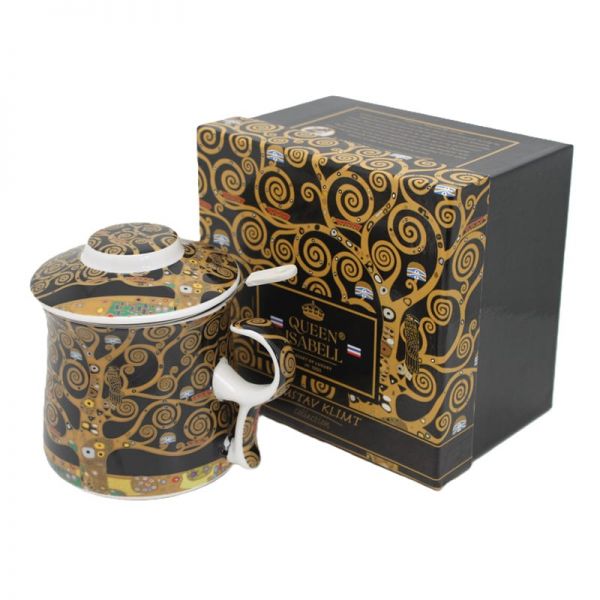 Klimt porcelán bögre fémszűrővel és tetővel - 350 ml - Életfa díszdobozban