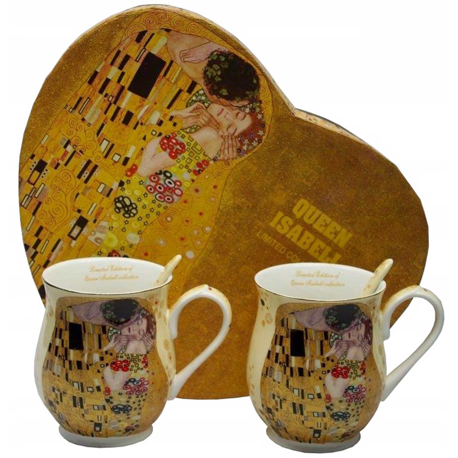 Váza Klimt porcelán bögre kanállal 2 db szív díszdobozban A Csók