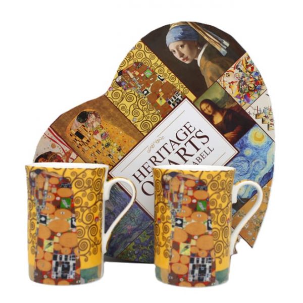 Klimt porcelán bögre szett - 300 ml - Életfa és Beteljesülés - szív díszdobozos