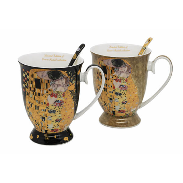 Klimt porcelán bögre szett kanállal díszdobozban - 300 ml - fekete/aranybarna