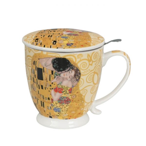 Klimt porcelán szűrős bögre fémszűrővel és tetővel - 510 ml - A csók / Életfa ecru