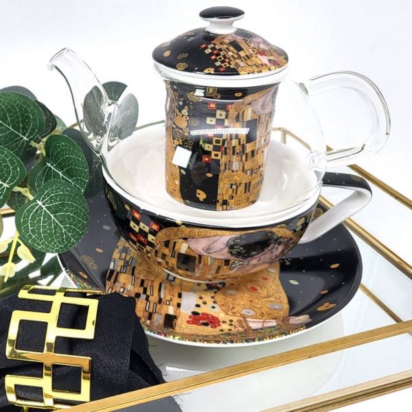 Klimt porcelán - üveg teás szett szűrővel - egyszemélyes - The Kiss fekete