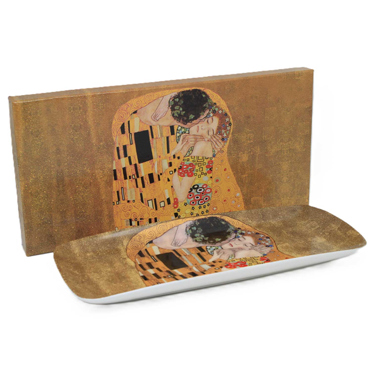 Porcelán kínáló tálca Kilmt A Csók 30x13,5 cm díszdobozban