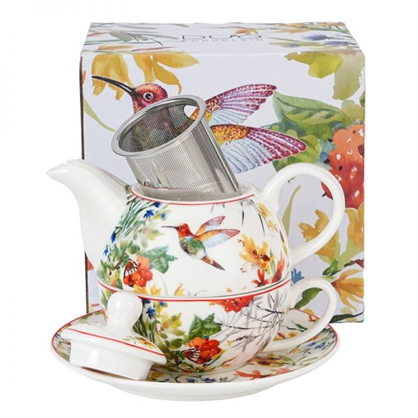 Porcelán egyszemélyes teáskészlet kolibri madaras teáskanna és csésze aljjal