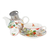 Porcelán egyszemélyes teáskészlet kolibri madaras teáskanna és csésze aljjal