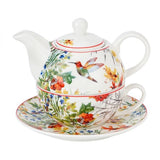 Porcelán egyszemélyes teáskészlet kolibri madaras teáskanna és csésze aljjal