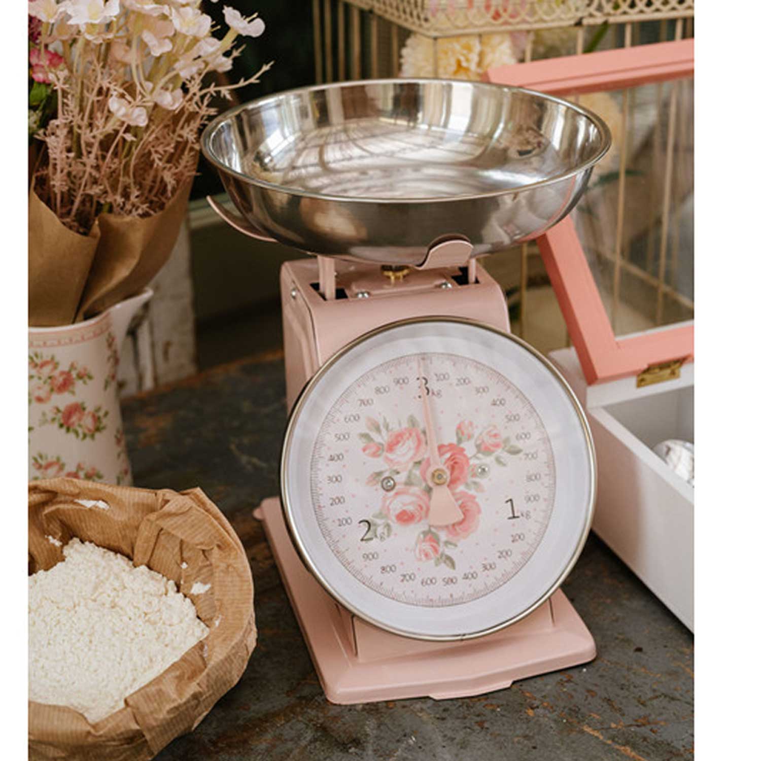 Vintage konyhai mérleg 3 kg rózsaszín rózsa dekorral