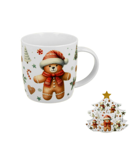 Karácsonyi porcelán bögre mézeskalács macis fenyőfa díszcsomagolásban 400 ml