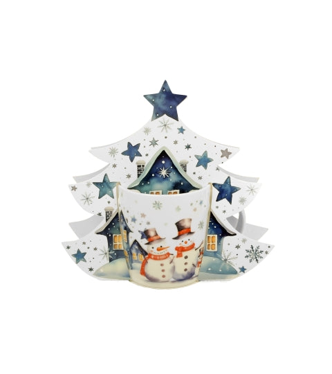Karácsonyi hóemberes porcelán bögre fenyőfa díszcsomagolásban Snowman