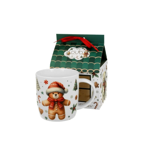 Karácsonyi porcelán bögre mézeskalács macis házikó díszcsomagolásban 400 ml