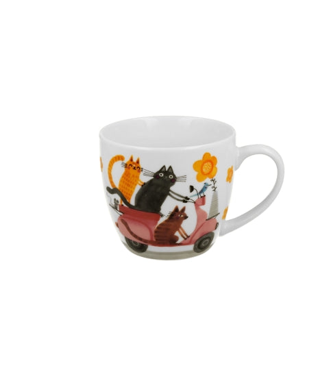 Cicás porcelán bögre 460 ml dísztasakkal Macskák robogón