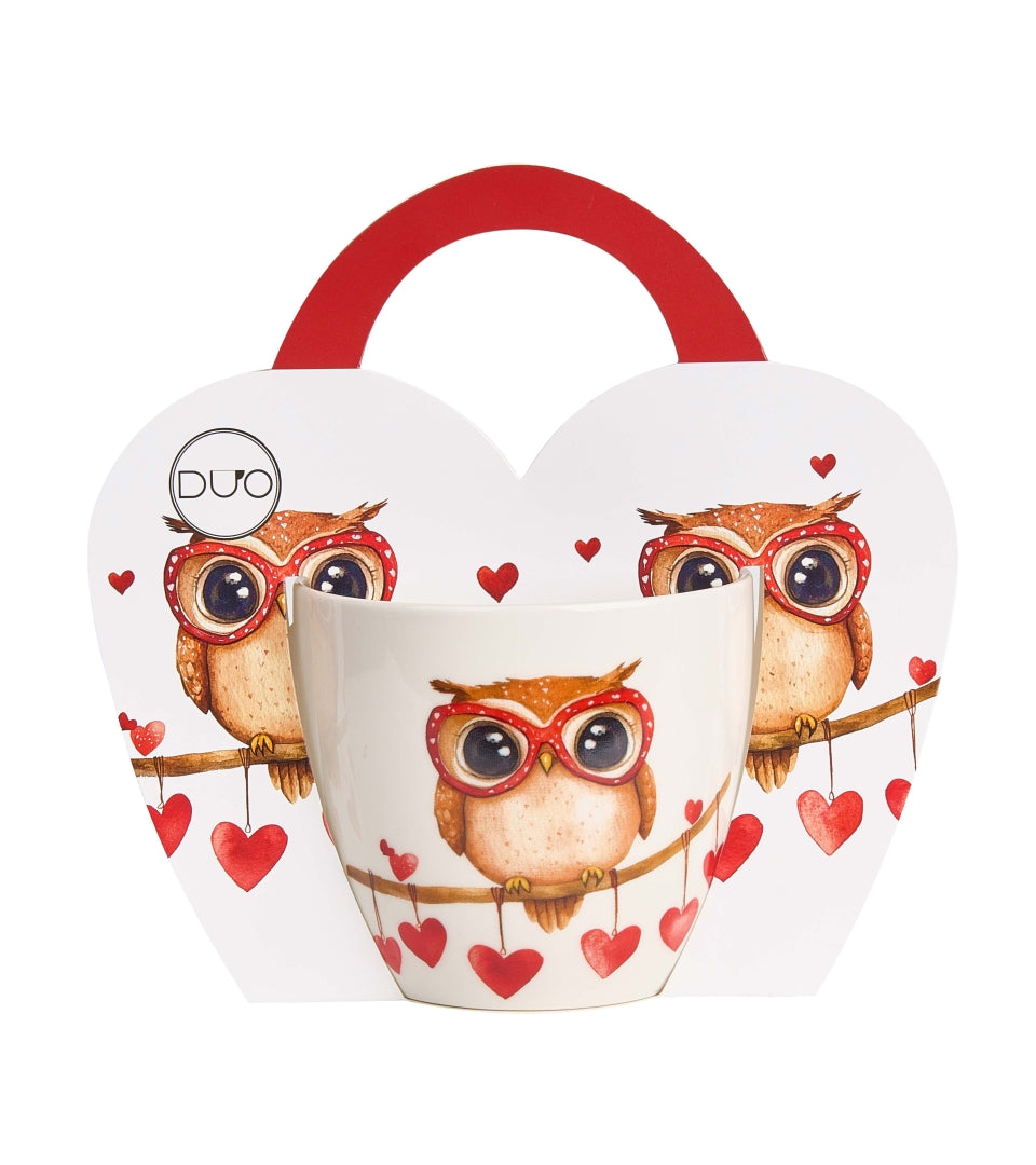 Valentin napi porcelán bögre papír dísztasakkal bagoly 460 ml