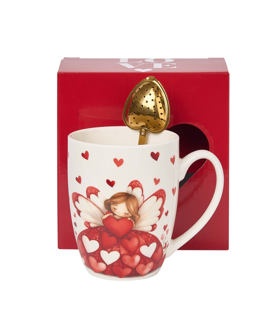 Valentin napi porcelán bögre díszdobozban szív alakú teaszűrővel 360 ml