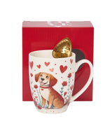 Valentin napi kutyás porcelán bögre szív alakú fém teaszűrővel 360 ml