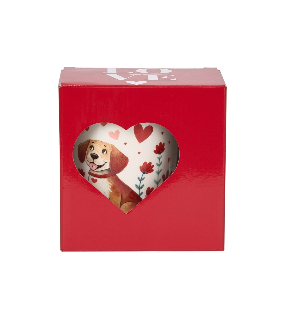 Valentin napi kutyás porcelán bögre tetővel fém szűrővel 360 ml dobozban Dog