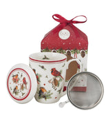 Karácsonyiporcelán teás bögre tetővel fém szűrővel 360 ml dobozban Birds of Winter