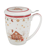 Karácsonyi Porcelán teás bögre szűrővel 360 ml házikó díszcsomagolásban Gingerbread House