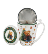 Karácsonyi macis porcelán teás bögre tetővel fém szűrővel 360 ml dobozban Teddy Noel