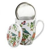 Madaras virágos porcelán teás bögre fémszűrővel és tetővel - 350 ml