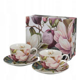 Magnólia virágos porcelán csésze aljjal - 270 ml - 2 személyes készlet díszdobozban