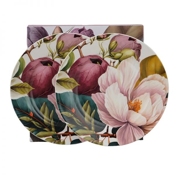 Magnólia virágos porcelán desszertes tányér készlet - 2 darabos díszdobozban
