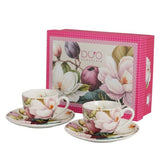 Magnólia virágos porcelán espresso kávéscsésze aljjal 110 ml – 2 személyes – díszdobozos
