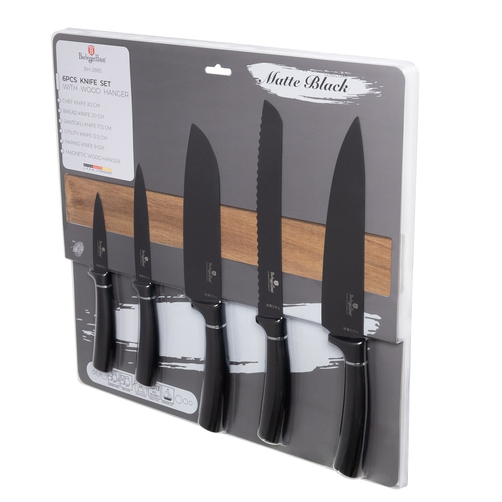 Matt fekete 6 részes rozsdamentes acél késkészlet akácfa mágneses akasztóval Berlinger Haus Matte Black