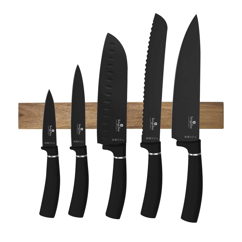 Matt fekete 6 részes rozsdamentes acél késkészlet akácfa mágneses akasztóval Berlinger Haus Matte Black