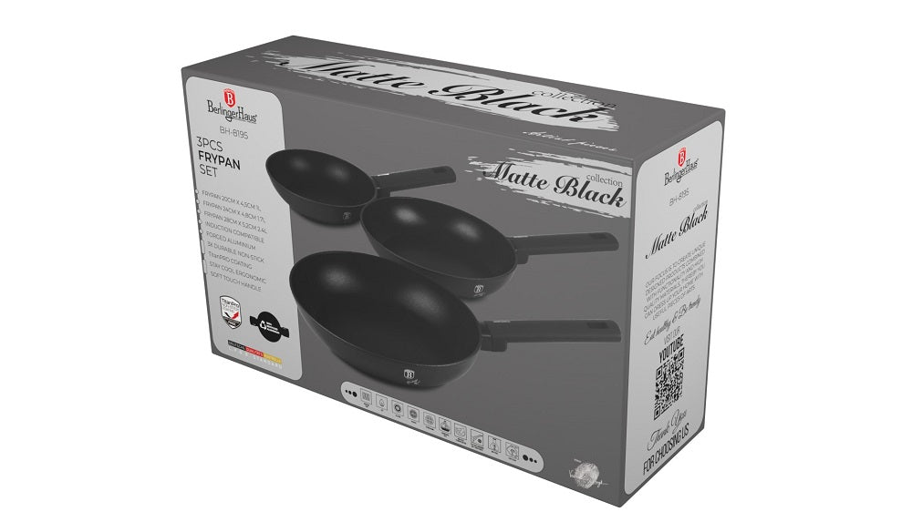 Matt fekete indukciós tapadásmentes 3 részes serpenyő szett Berlinger Haus Matte Black